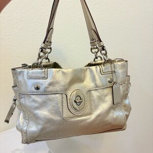 Coach Peyton Carryall satchel in metallic silver patent leather